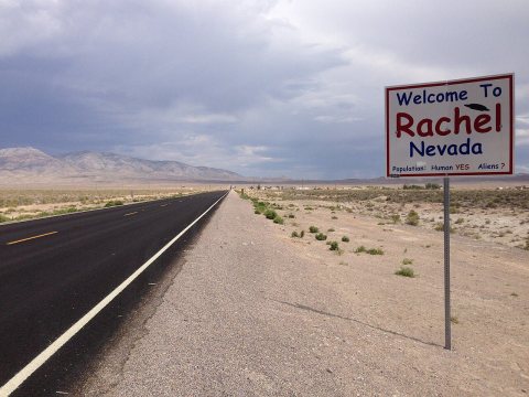 2014-07-17 15 09 31 Sign for Rachel, Nevada along southbound Nevada State Route 375 about 8.9 miles south of the Nye Co…