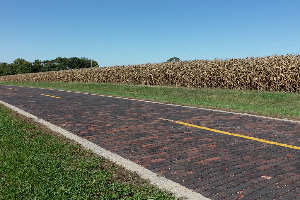 A 1.4-mile long stretch of restored hand-laid brick road, outside Auburn, Illinois, recallling a segment of historic U.…
