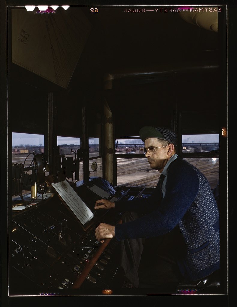 C&NWRR [i.e. Chicago and North Western railroad], towerman R.W. Mayberry of Elmhurst, Ill., at the Proviso yard. He ope…