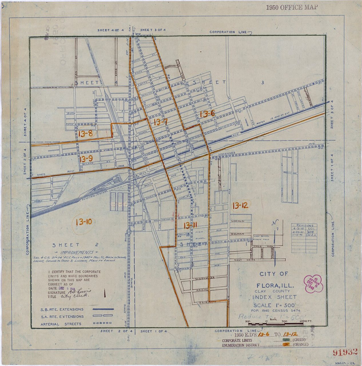 1950 Census Enumeration District Maps - Illinois (IL) - Clay County - Flora - ED 13-6 to 12