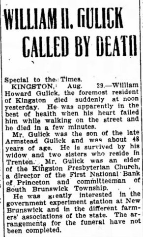 William Howard Gulick (1855-1908) obituary in the Trenton Times on August 29, 1908