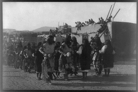 Jemez Pueblo Indians in a ceremonial dance, possibly Nov. 12 feast day, New Mexico