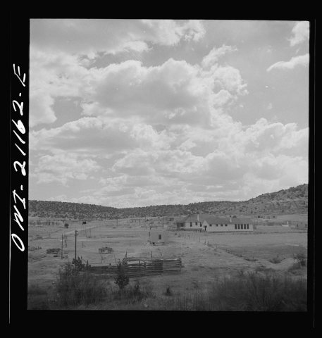 McCartys (vicinity), New Mexico. Passing Indian farms and a school on the Atchison, Topeka and Santa Fe Railroad betwee…