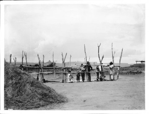 Laguna Indians threshing and winnowing wheat at the pueblo town of Paquate, New Mexico, ca.1900 (CHS-3909)