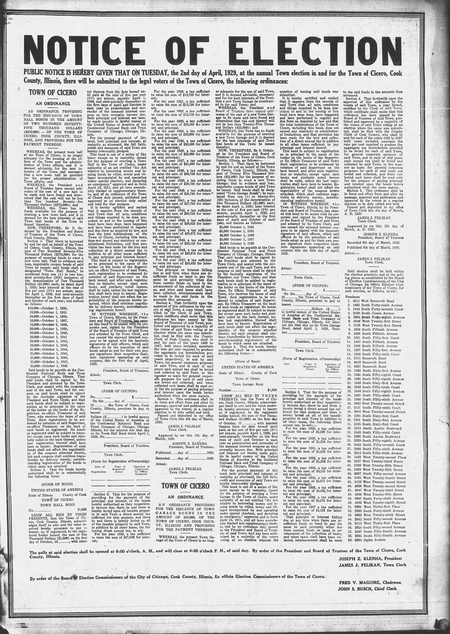 Notice of Election Cicero Illinois 1929 (Suburban Leader 1929 03 28 9)