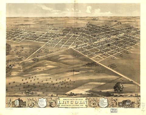 Birds eye view of the city of Lincoln, Logan County, Illinois 1869