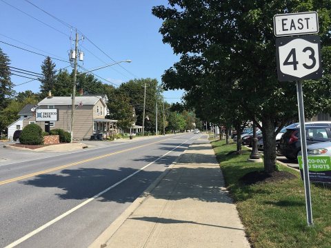 2017-09-10 12 08 47 View east along New York State Route 43 (West Sand Lake Road) at New York State Route 150 in the We…