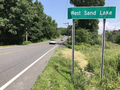 2024-06-20 14 53 17 Sign for the hamlet of West Sand Lake along eastbound New York State Route 43 (West Sand Lake Road)…