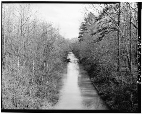VIEW OF CANAL, LOOKING TOWARDS WEST ELEVATION OF POWERHOUSE - Lockville Hydroelectric Plant, Deep River, 3.5 miles upst…