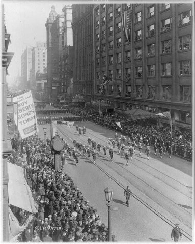 Great Lakes Naval Training School band marching on Euclid Ave., April 6th 1918, Cleveland, Ohio