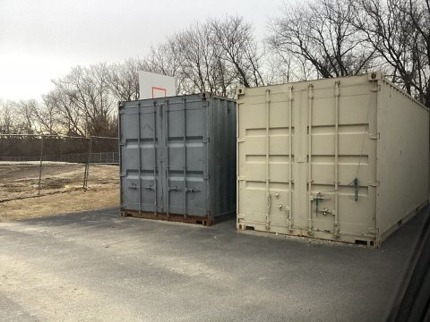 Blue and grey shipping containers
