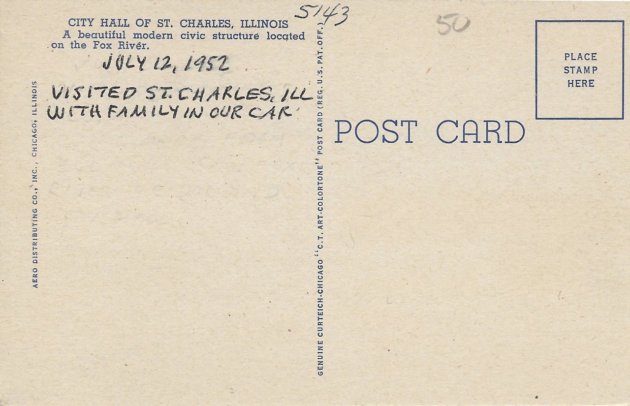City Hall, St. Charles, Illinois - Postcard Verso