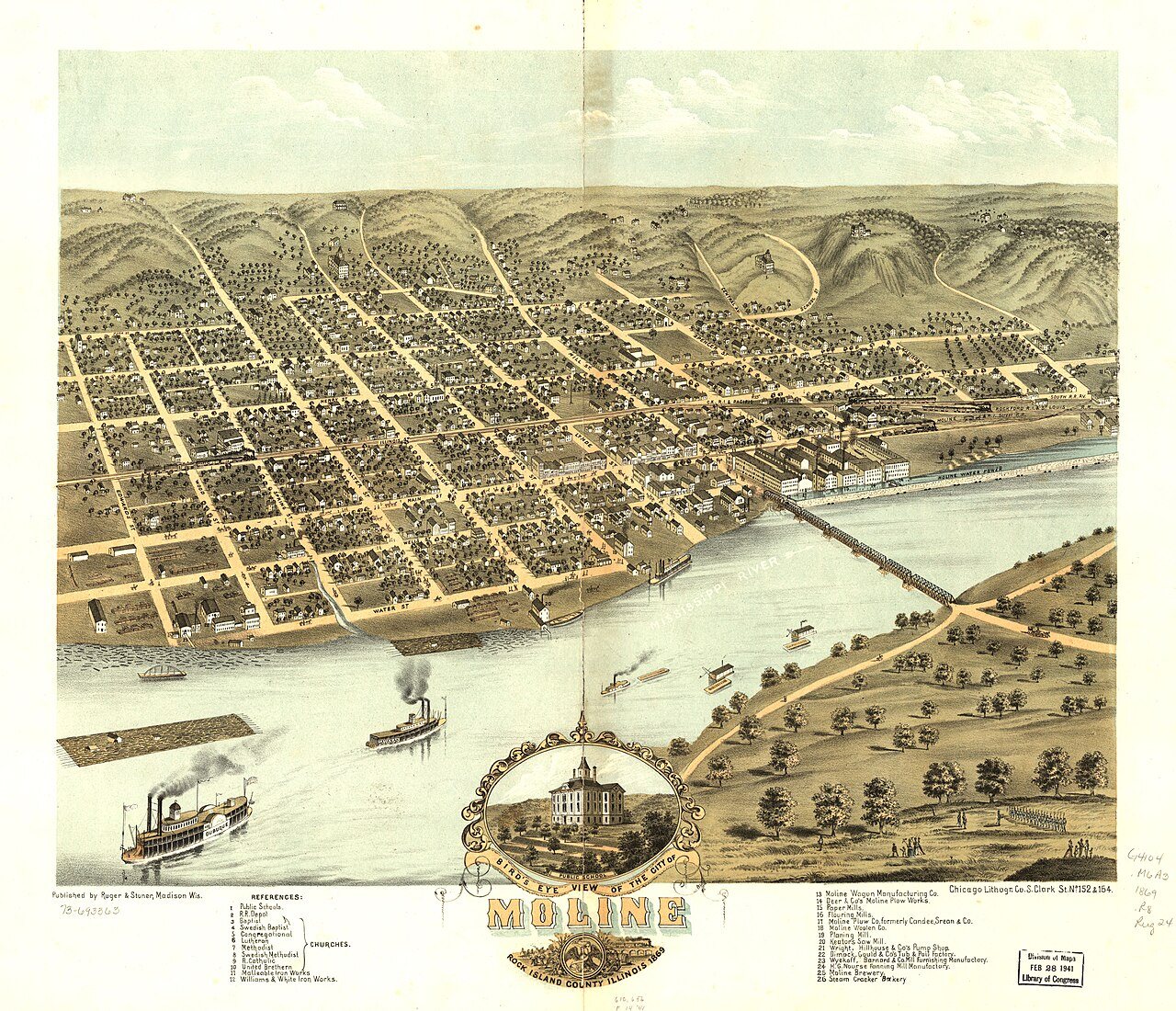 Bird's eye view of the city of Moline, Rock Island County, Illinois 1869