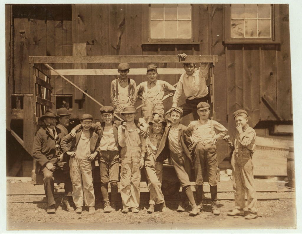Noon hour. These boys are all working in the Illinois Glass Co. 1) Smallest boy, Frank (?) Dwyer, 1009 1/2 E. 6 St., sa…