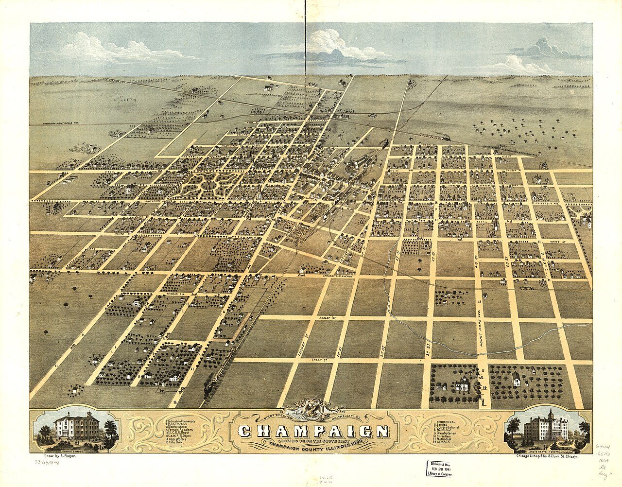 Bird's eye view of the city of Champaign, Champaign County, Illinois 1869