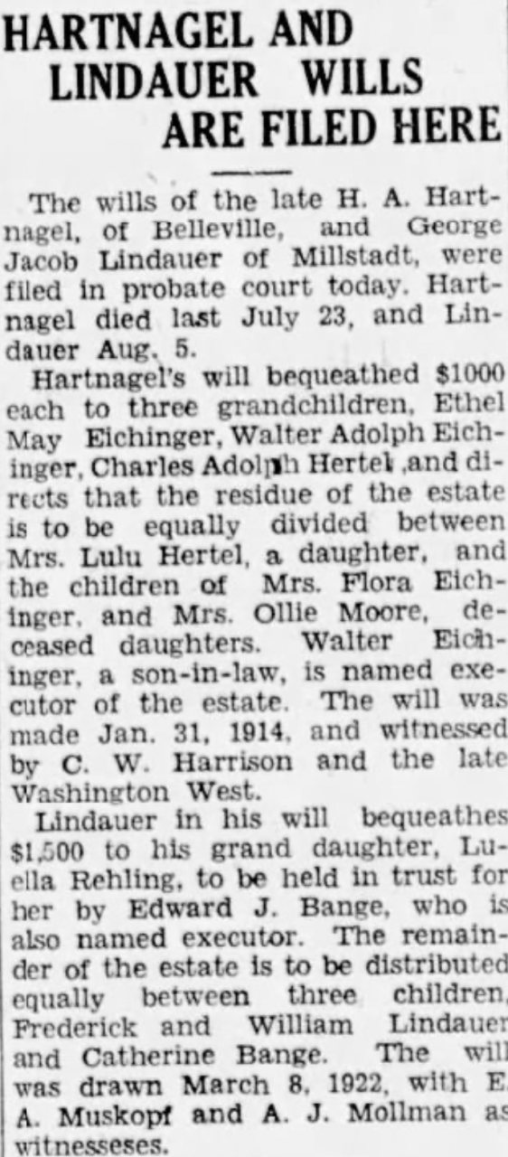 Hartnagel And Lindauer Wills Are Filed Here in the Belleville Daily Advocate on September 22, 1930