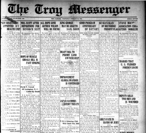 Front page of newspaper, The Troy Messenger, 25 Feb. 1925