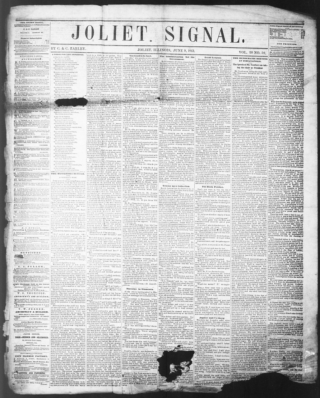 The Joliet Signal (front page, June 9 1863)