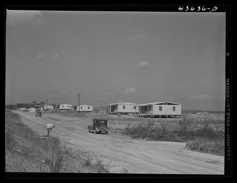 Prefabricated houses being constructed near Pacolet, South Carolina, by the FSA (Farm Security Administration) for farm…