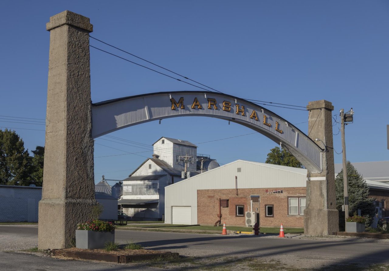 The welcome-to-Marshall arch in that small town in Parke County, Indiana