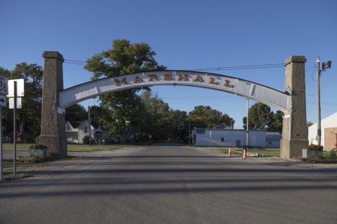 The welcome-to-Marshall arch in that small town in Parke County, Indiana