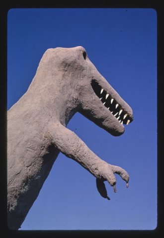 Dinosaur Village RV Mobile Home Park, dinosaur statue upper detail, Route 40