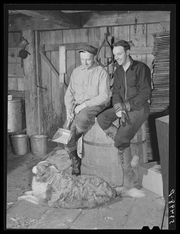 Mr. Walter M. Gaylord, and his neighbor, George Wallis, discussing syruping in the sugar house while the sap is boiling…