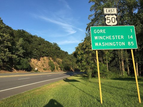 2016-08-23 18 48 50 View east along U.S. Route 50 (Northwestern Pike) at Harmony Hollow Lane in