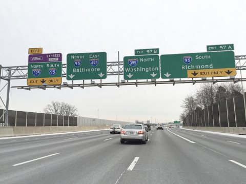 2016-01-22 08 49 10 View south along the outer loop of the Capital Beltway (Interstate 495) at Exit 57A (Interstate 95 …