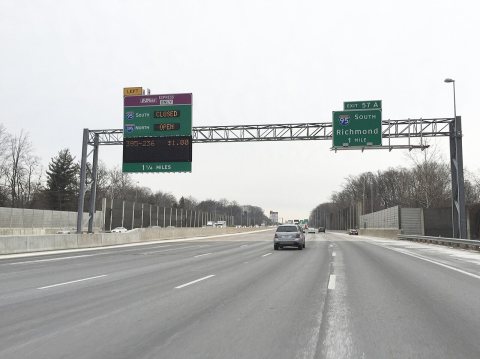 2016-01-22 08 48 11 View south along the outer loop of the Capital Beltway (Interstate 495) about 1 mile north of Exit …