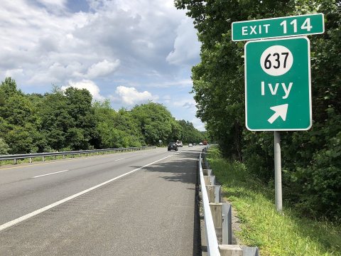 2019-06-06 14 34 54 View east along Interstate 64 at Exit 114 (Virginia State Route 637, Ivy) in