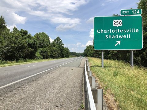 2019-06-06 14 54 25 View east along Interstate 64 at Exit 124 (U.S. Route 250, Charlottesville, Shadwell) in
