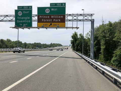 2019-05-29 12 00 59 View south along Interstate 95 at Exit 150B (Virginia State Route 619 WEST, Prince William Forest P…