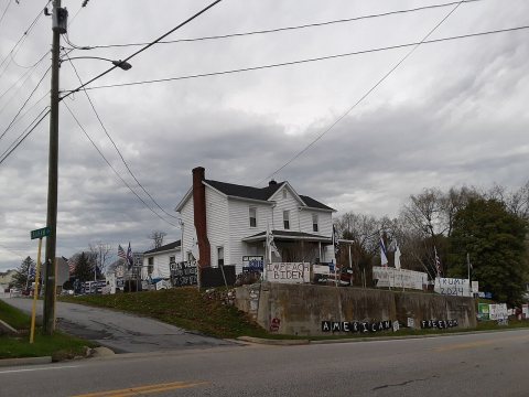 House with pro-Trump and anti-Democratic signage along U.S. Route 11 in Greenville, Virginia 01