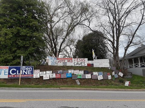 House with pro-Trump and anti-Democratic signage along U.S. Route 11 in Greenville, Virginia 04