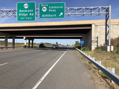 2019-09-20 10 09 49 View west along Virginia State Route 7 (Harry Byrd Highway) at the exit for Virginia State Route 90…