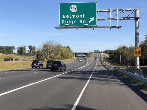 2019-09-20 16 42 52 View east along Virginia State Route 7 (Harry Byrd Highway) at the exit for Virginia State Route 65…