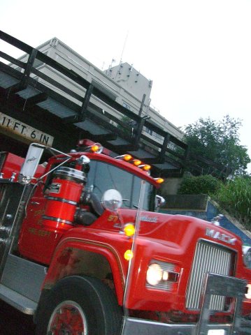 Mack fire engine under railroad trestle intersection Crozet Avenue and Three Notch'd Road-SR 240 downtown Crozet VA Jun…