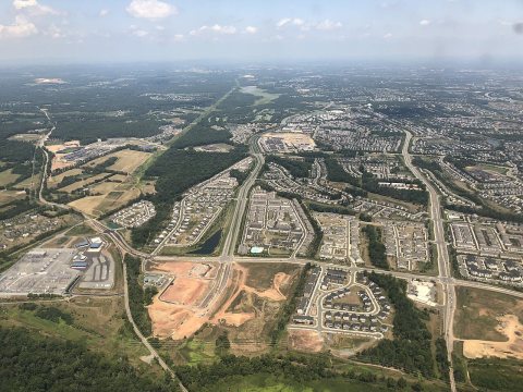 2019-07-19 13 00 54 View north along Belmont Ridge Road (right) and Northstar Boulevard (left) as they pass through Bra…