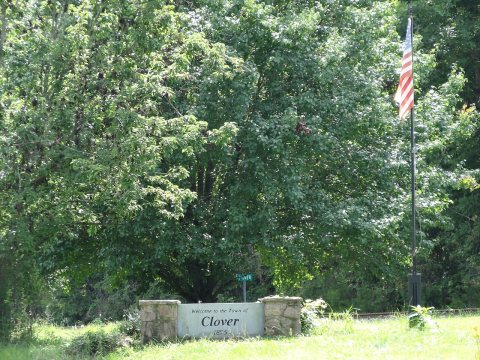 Clover welcome sign and flag; Clover, VA; 2013-07-14