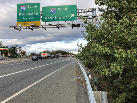 2019-10-17 08 56 22 View north along Virginia State Route 234 (Dumfries Road) at the exit for Interstate 95 NORTH (Wash…