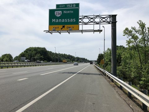 2019-05-29 11 55 05 View south along Interstate 95 at Exit 152B (Virginia State Route 234 NORTH, Manassas) on the edge …