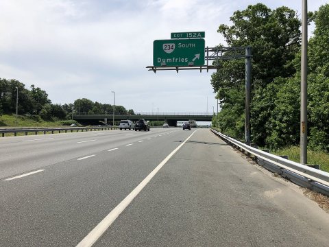 2019-05-29 11 58 16 View south along Interstate 95 at Exit 152A (Virginia State Route 234 SOUTH, Dumfries) on the edge …