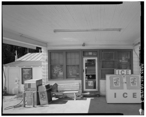 Front (north) elevation under porte cochere, looking south. - Short Pump Shell Gas Station, 11441 West Broad Street, Sh…