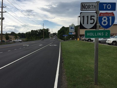 2017-06-13 15 58 13 View north along Virginia State Route 115 (Plantation Road) at Hollins Road (Virginia State Seconda…