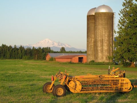 Sunset and farm scene north of Custer, WA