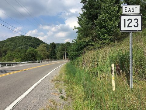 2017-07-21 17 10 38 View east along West Virginia State Route 123 (Airport Road) at U.S. Route 52 (Coal Heritage Road) …