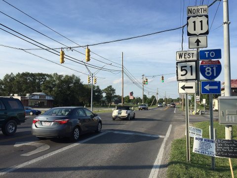 2016-08-24 18 02 04 View north along U.S. Route 11 and west along West Virginia State Route 51 (Winchester Avenue) at G…