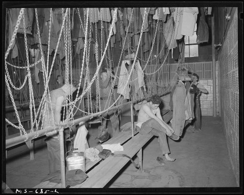 Miners changing clothes in wash and change house. Union Pacific Coal Company, Reliance Mine, Reliance, Sweetwater Count…