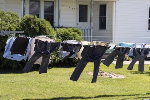 Hand-washed clothes hang out to dry on an Amish farm near the settlement of Topeka in LaGrange County, Indiana